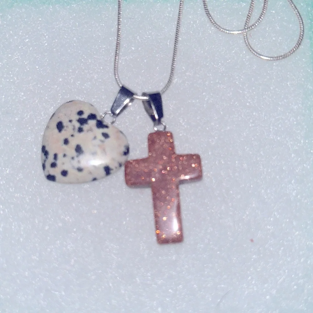 Boho Hippie Tigers Eye Cross Dalmatian Jasper Heart Sterling Silver Necklace 24”
